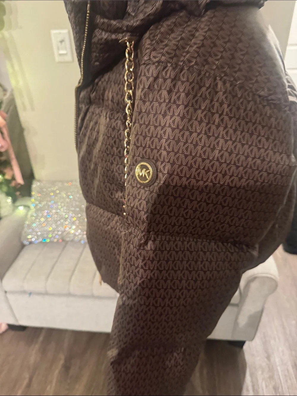 Michael Kors Dark Brown Quilted Puffer Jacket with Gold Chain Trim
